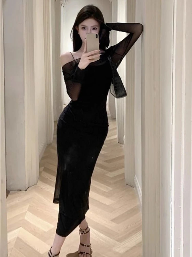 Koisoon Black Party Two-piece Dress Women Casual Sexy Mesh Bodycon Dress Summer Elegant Long Dresses for Women Korean Style Luxury