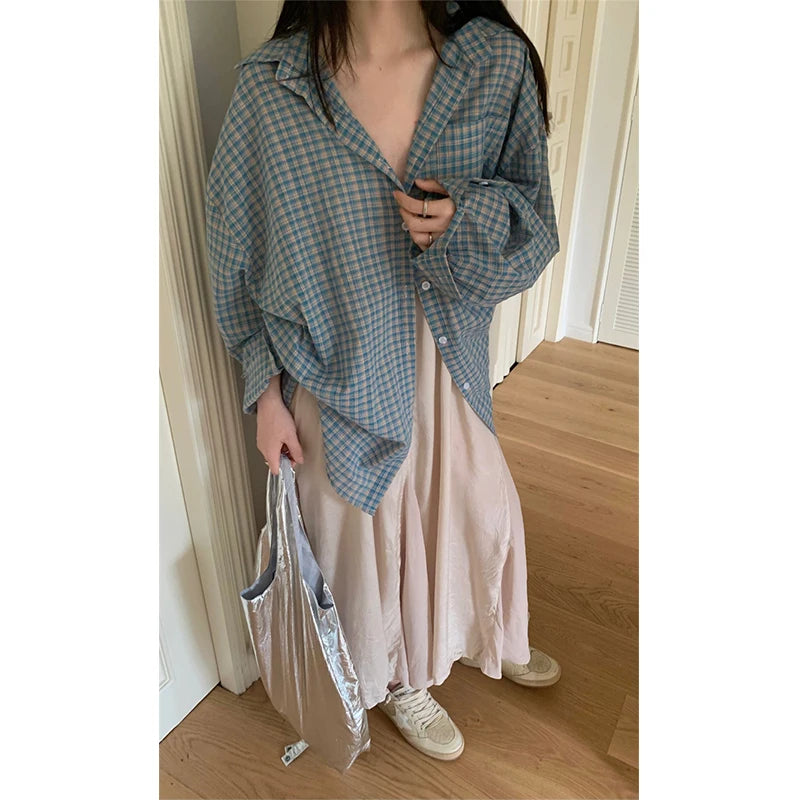 Koisoon Harajuku Plaid Sun Proof Shirts Women Streetwear Oversized Long Sleeve Blouses Summer Korean Fashion Loose Sun Protection Tops