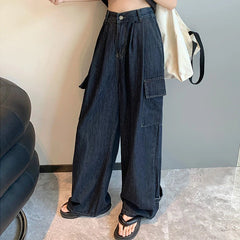 Koisoon Vintage Women Denim Cargo Pants Fashion Streetwear Loose Wide Leg Pants Korean Casual All Match Female Straight Jeans