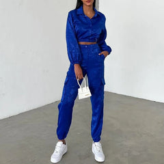 Koisoon Spring Casual Satin Two Piece Women Set Sexy Turn-down Collar Slim Top & Pocket Cargo Pants Outfits Fall Button Long Sleeve Suit