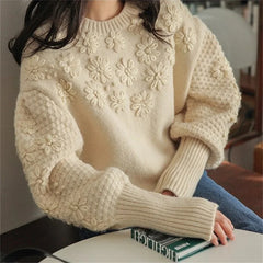 Koisoon Chic Woman Sweaters O-neck Lantern Sleeve Vintage Knitted Pullovers Tops 3D Embroidery Floral Jumper Thick Autumn Clothing