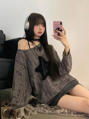 Koisoon Y2k Top Star Printed Oversized Hollow Out Off The Shoulder Tops Long Sleeves Korean Fashion Drawstring Streewear 2024