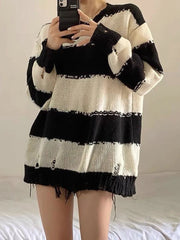 Koisoon Harajuku Hole Striped Sweaters Women Streetwear Y2K Loose Knitted Pullover Korean Casual Vintage Long Sleeve Female Jumpers