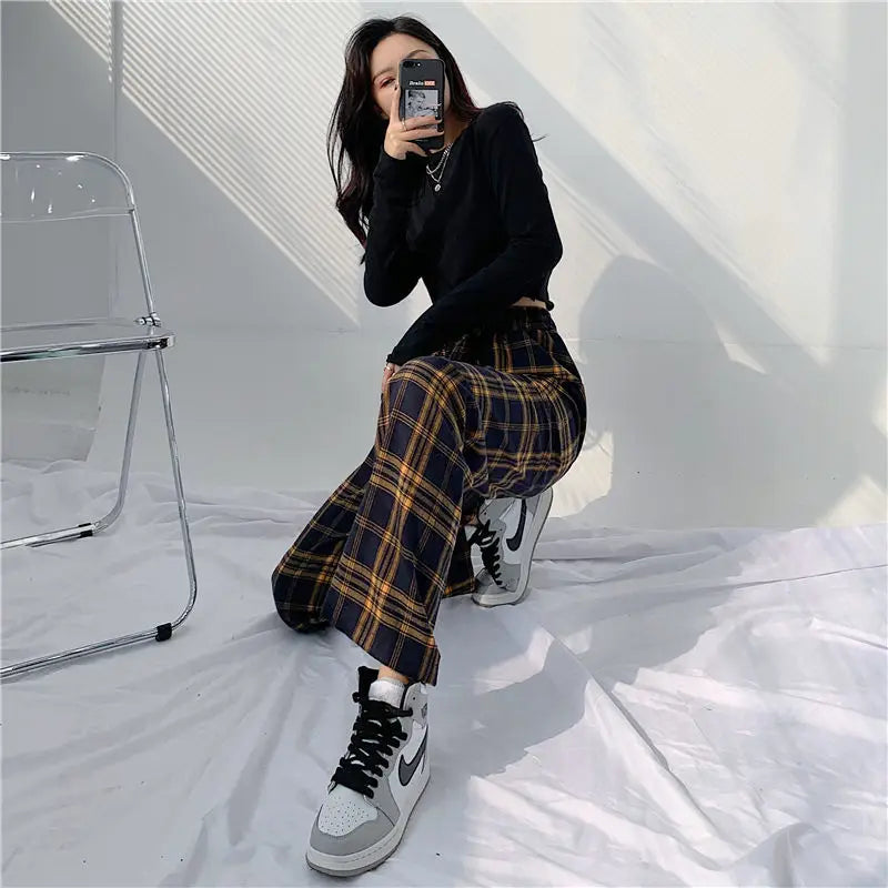 Koisoon Harajuku Fashion Women Plaid Casual Sweatpants Spring Autumn New High Waist Streetwear Loose All-match Wide Leg Sports Trousers