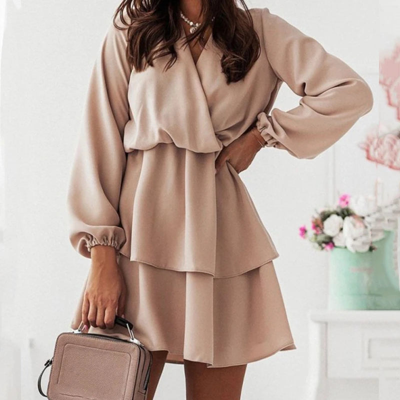 Koisoon Sexy Wrap V-neck Tunic Ruffle Mini Dress Women Spring Solid Tie-up Backless Office Dress Autumn Long Sleeve A-Line Party Dresses