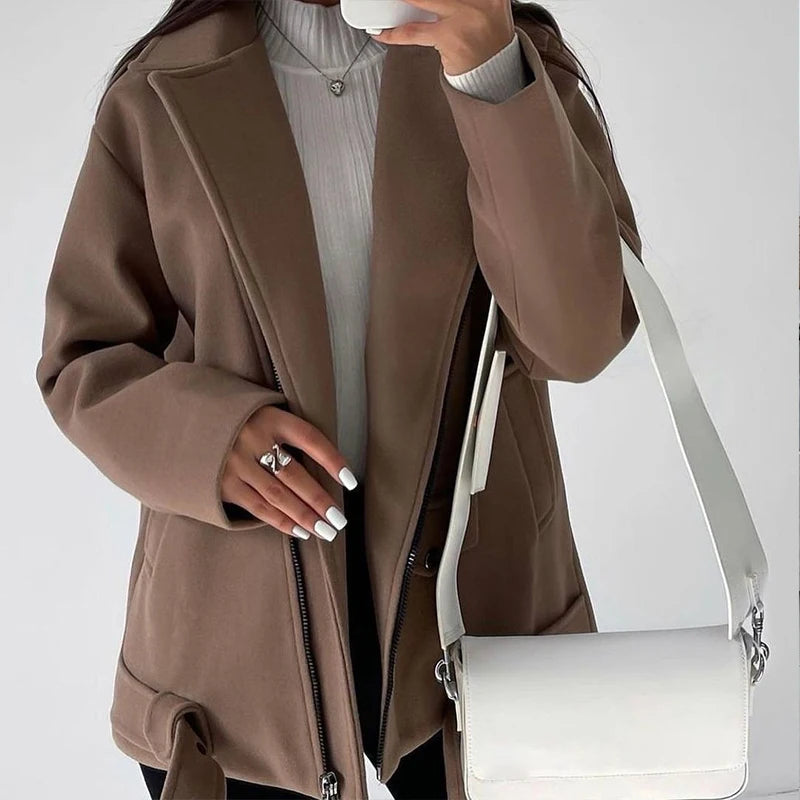 Koisoon Autumn Fashion Solid Color Woolen Coats Office Elegant Women Long Sleeve Outwear&Belt High Street Lapel Collar Thickness Coats