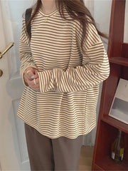 Koisoon Coffee Stripes Cotton T-Shirts Women Loose-Fitting Autumn Hot Sale Lady Casual Full Sleeve Chic All Match Tops