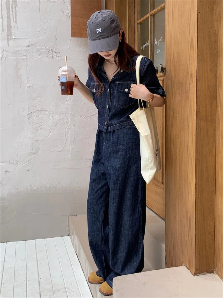 Koisoon Blue Denim Two Pieces Sets Women Loose Chic Summer Short Sleeve Coats Jeanswear New High Waist Slim Pants Suits