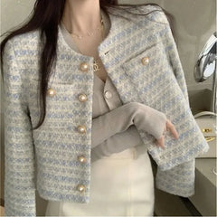 Koisoon Korean Clothing Women Short Wool Coat Spring Autumn Temperament Elegant Pearl Button Fashion Casual Cardigans Long Sleeve Jacket