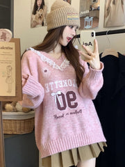 Koisoon Lace Patchwork Sweet Sweaters Women Cute Letter Loose Knitted Pullovers Casual Long Sleeve Lazy Wind Elegant Retro Tops New