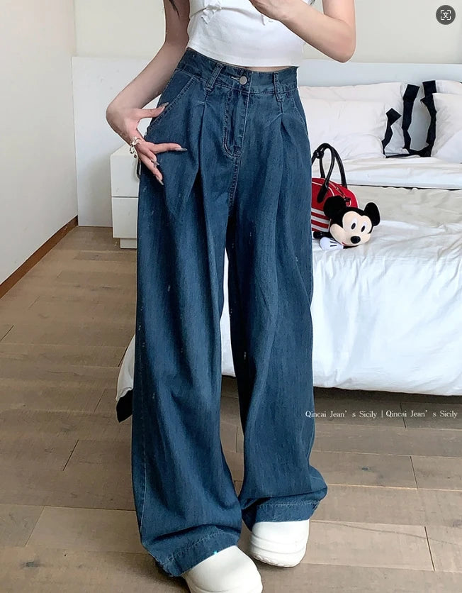 Koisoon Women 2024 Summer Autumn Wide Leg Denim Pant Trousers Streetwear Straight High Waist Jeans Loose Boyfriend Jeans Ladies