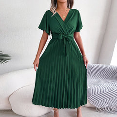 Koisoon Fashion Ladies V-neck Short Sleeved Commuting Dress Spring Summer Loose Lace Up Pleats Dress Casual Party Long Dresses Vestidos