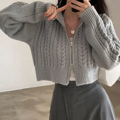 Koisoon Gray Cardigans Women Vintage Twist Crop Sweaters Autumn Zip-up Knitwear Outerwear Tender Korean Fashion Ladies Casual Streetwear