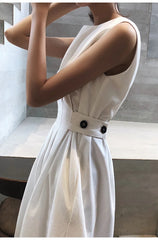 Koisoon Elegant Women White Loose Pockets Casual O-Neck Waist Dress Office Ladies 2024 Summer Sleeveless Midi Dress Vestidos