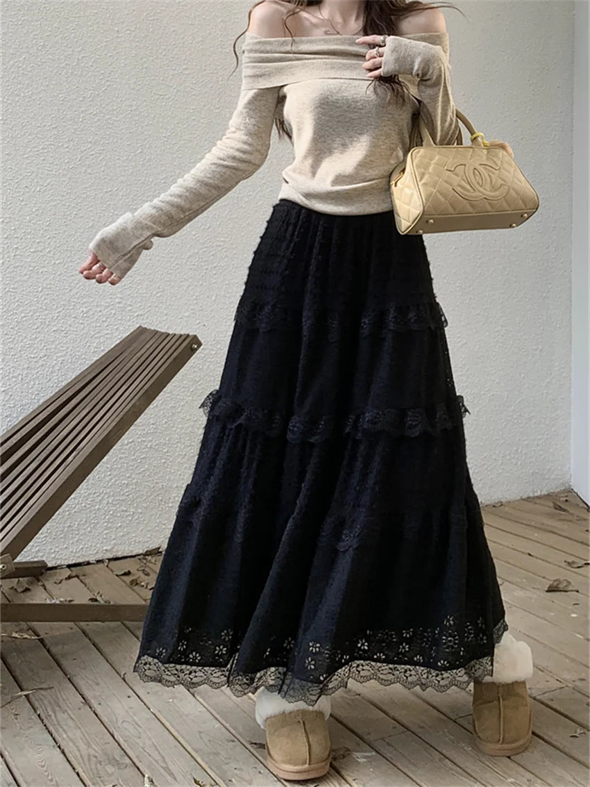 Koisoon S-L Women Cake Long Skirts Autumn Slim New Daily Elegant Sweet Girls Office Lady High Waist Streetwear Loose