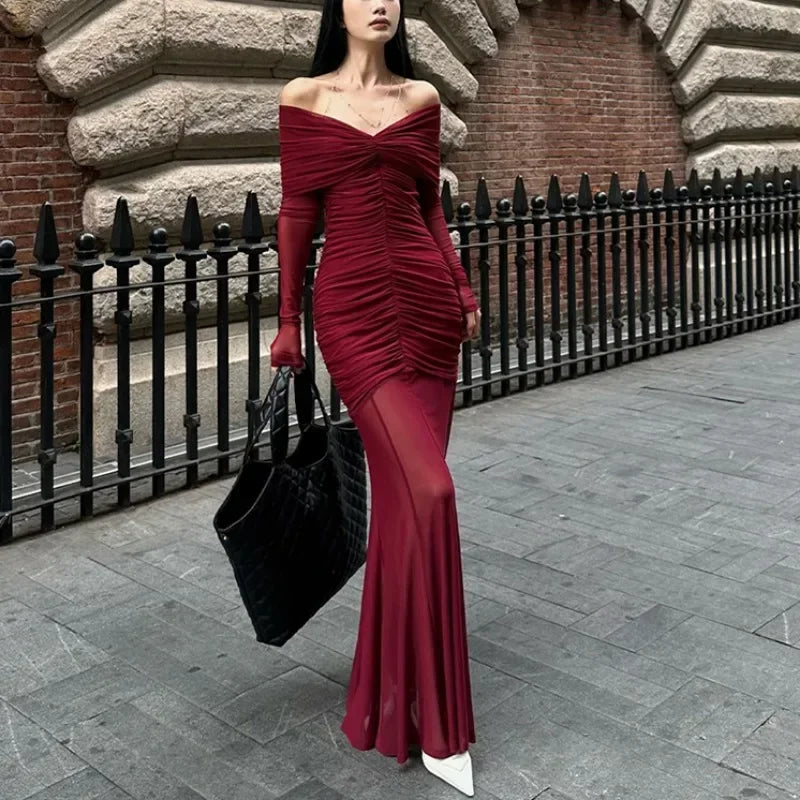 Koisoon Sexy V-neck Ruched Evening Dress Women Red Retro Long Sleeve Sheer Mesh Fishtail Maxi Long One-piece Formal Party Gown