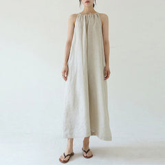 Koisoon Summer 100% Linen Elegant Dresses Women Sexy Sleeveless Halter Bandage Long Midi Boho Beach Party Dresses For Lady Colthes