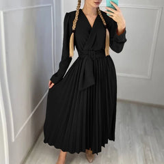 Koisoon Sweet Lady Lace-up Belted Spliced Pleated Dress Spring V-neck Solid Swing Boho Long Dress Autumn Long Sleeve Women Party Dresses