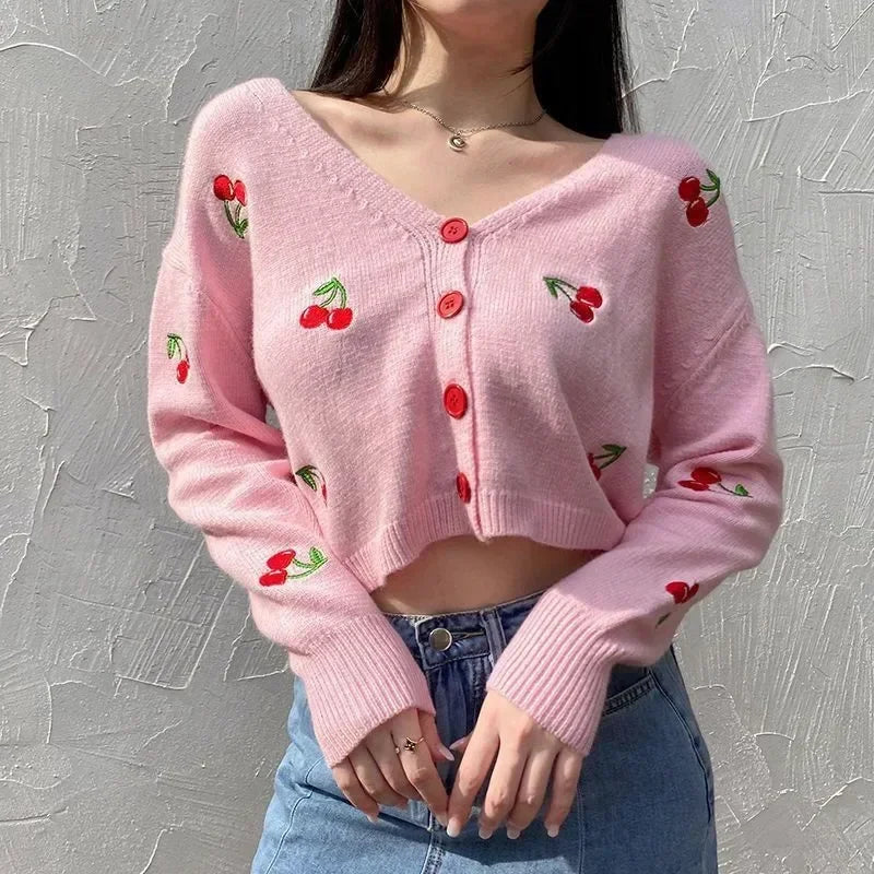 Koisoon V Neck Cropped Cardigan Embroidered Cherry Sweater Feminino Kawaii Long Sleeve Top Pull Femme Y2k Sueter Mujer Knit Coat