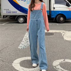 Koisoon Women Denim Overalls Vintage Streetwear Loose Jumpsuit Korean Straight Wide Leg Pants Casual Jeans All Match Trousers