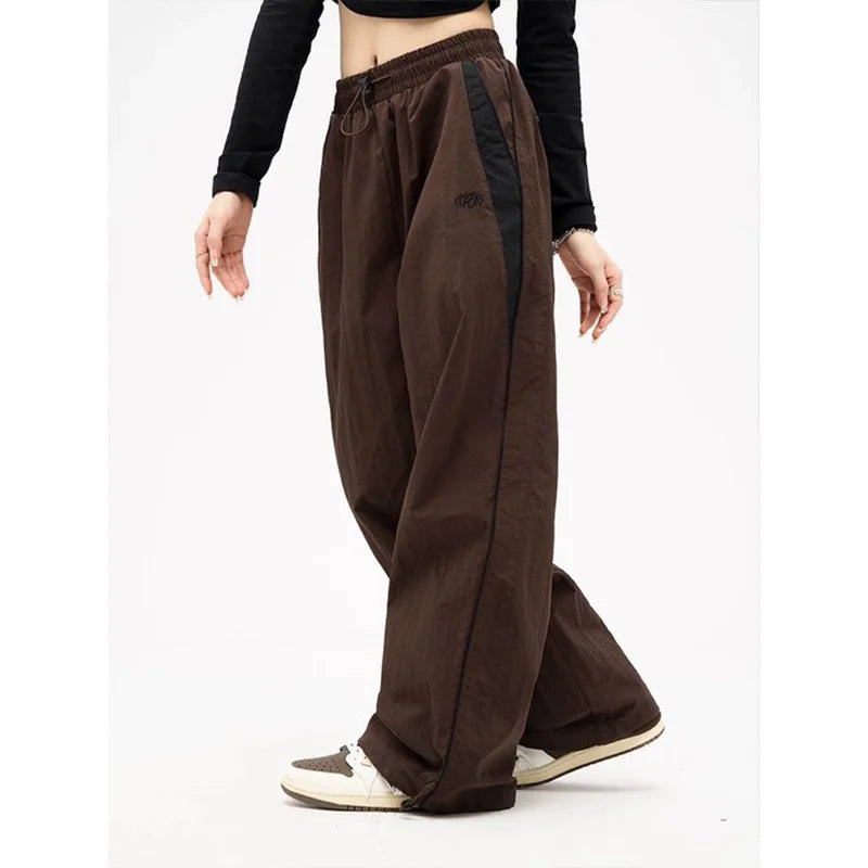 Koisoon Women Spring Retro Solid Loose Drawstring Trousers Casual Joggers Baggy Wide Leg Sweatpants Mid Waist Sporty Y2k Female Clothes