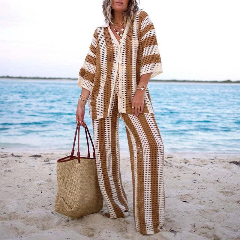 Koisoon Fashion V Neck Button 3/4 Sleeve Shirt+ Long Pants Sets Casual Striped Printed Knitted Beach Suit Summer Women's Loose Outfits