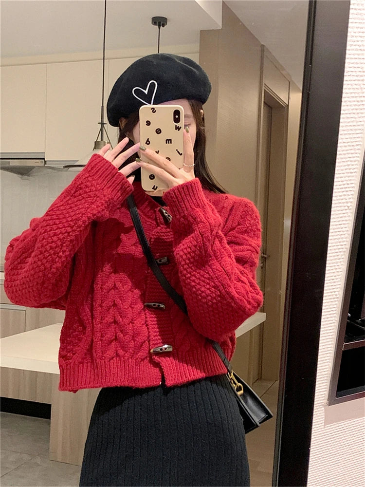 Koisoon Sweet Cute Solid Knitted Sweater Streetwear Autumn Winter Fashion Casual Soft Midi Knitted Loose Sweater Cardigan Thick Tops