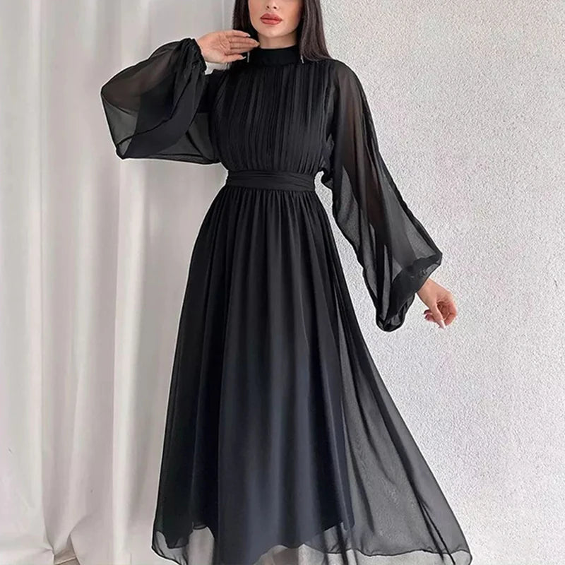 Koisoon Fashion Half High Collar Mesh Maxi Dress 2024 Women Solid Pleated Bridesmaid Dress New Spring Elegant Long Sleeved Waist Dresses