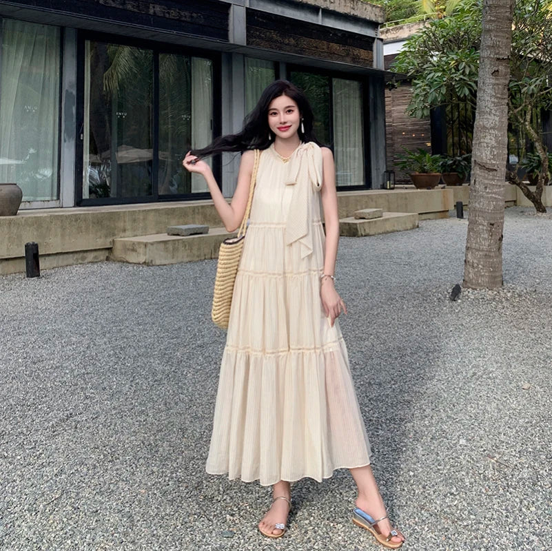 Koisoon Elegant Chic Striped Chiffon Midi Dresses for Women Summer Beach Sleeveless Openwork Patchwork Bow Loose Casual Female Clothing