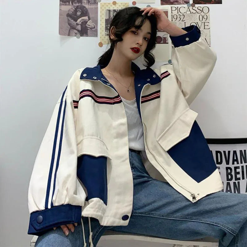 Koisoon Patchwork Jacket Women American Loose Streetwear Blue and White Zipper Clothes Casual Chic Long Sleeve Harajuku Outwear