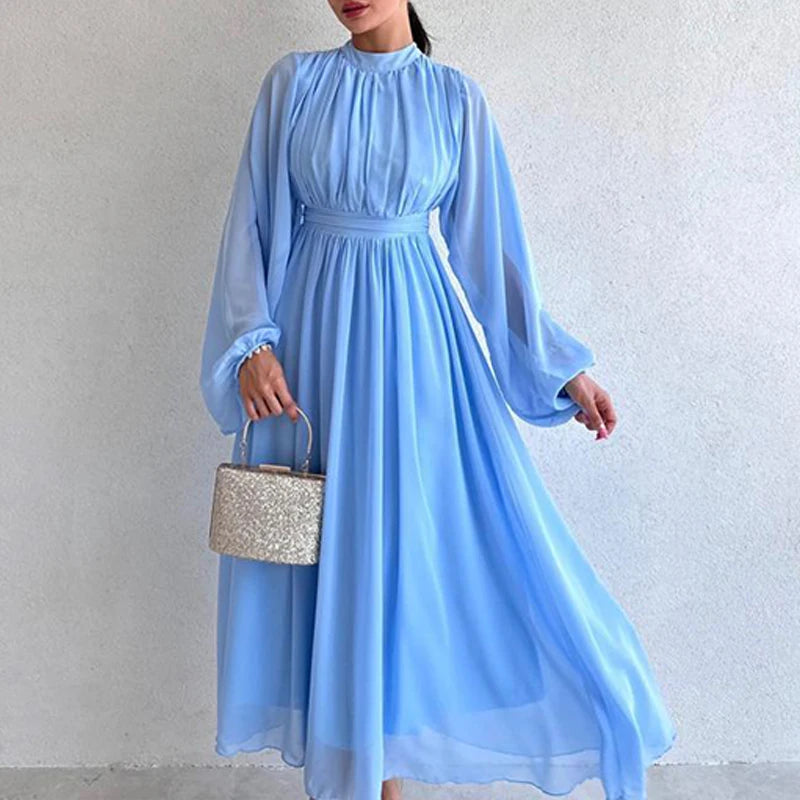 Koisoon Fashion Half High Collar Mesh Maxi Dress 2024 Women Solid Pleated Bridesmaid Dress New Spring Elegant Long Sleeved Waist Dresses