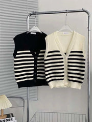 Koisoon Elegant Striped Women Cardigan Sweater Sleeveless Fall Single Breasted Knitted Vest Black Korean Office Ladies Thin Coats