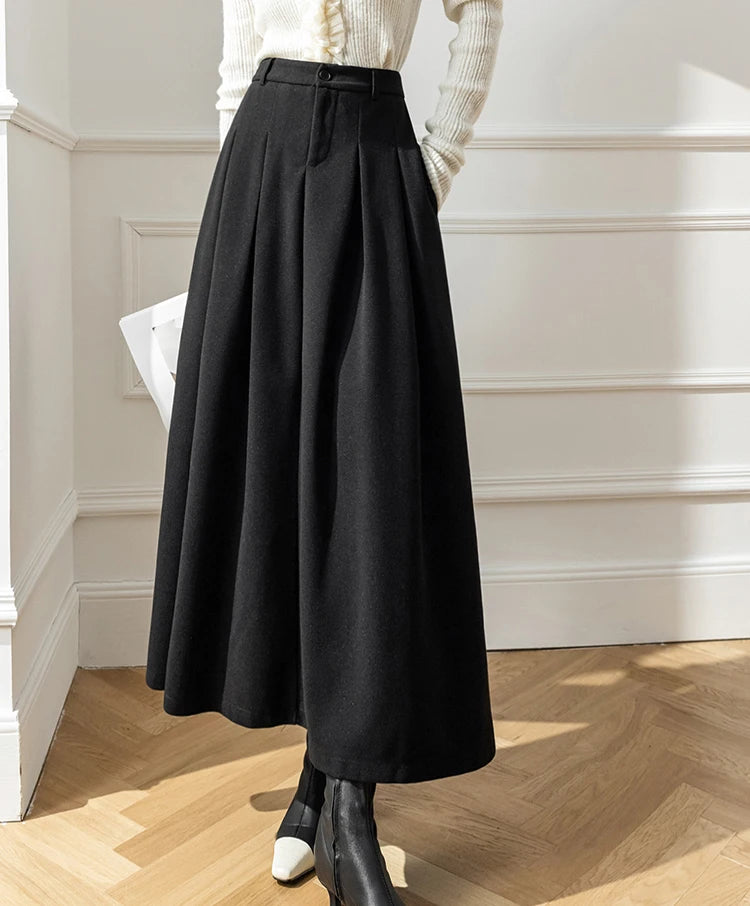 Koisoon Elegant Women Faux Woolen Skirts For Office Ladies Pockets Casual Loose A-Line High Waist Midi Skirt Autumn Winter