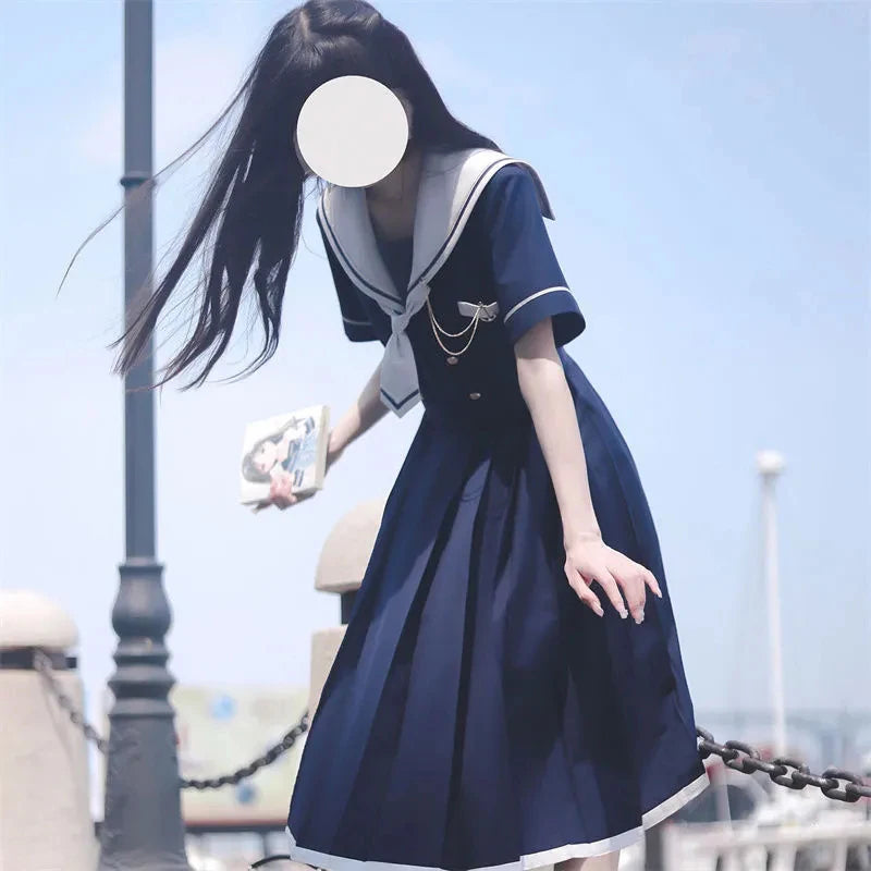 Koisoon Vintage Elegant Women Dress Japan Style Casual Patchwork Belt Female Dresses Summer Ball Gown Cute Student Pleated Dress