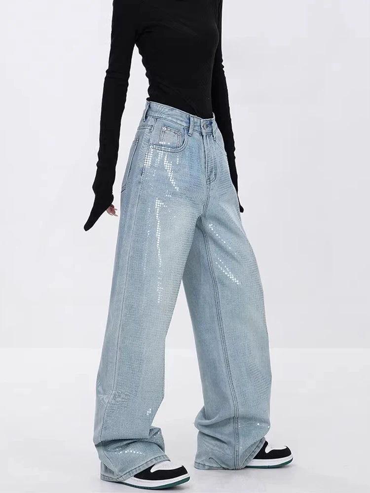 Koisoon Heavy Sequins Jeans for Women 2024 Summer New Fashion Retro High Waist Loose Casual Straight Denim Pants Wide Leg Pants