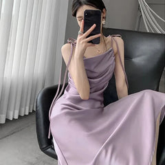 Koisoon Elegant Pleated Satin Midi Dress Women Sexy Silk Straps Lace Up Long Dresses Woman Chic Purple Party Dress Female