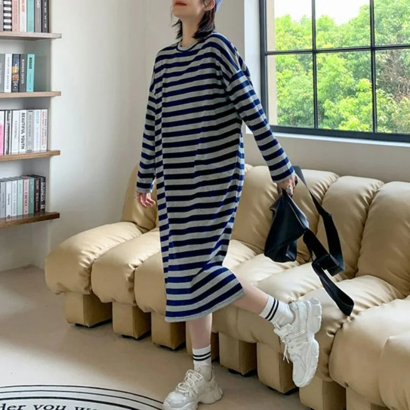 Koisoon Korean Fashion Women Oversized Black Gray Striped Dress Spring Autumn New Versatile Casual Side Slit Loose Long Sleeve Dresses