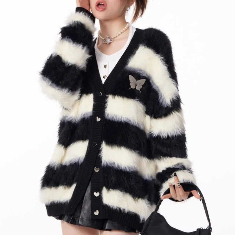 Koisoon Autumn Winter Women Black White Striped Cardigan Sweater Lazy Wind V-neck Warm Fashion Casual Loose Long Sleeve Knitted Coats