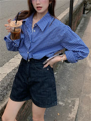 Koisoon 2024 Blue Shirts Plaid Chic Women Fashion Slim New Autumn Loose Full Sleeve Casual All Match High Street Work Wear