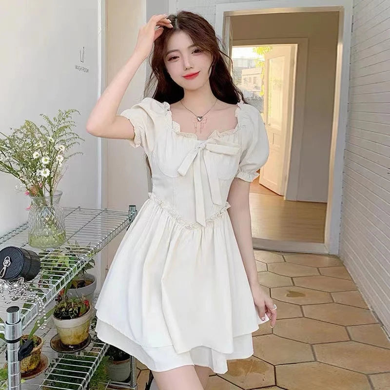 Koisoon Vintage Elegant Bow Dress Fashion Square Collar Women Cute Fungus Lace A Line Dresses Y2K Female Puff Sleeve Mini Dress