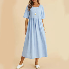 Koisoon Summer Women Dress American Style Casual Fashion Cotton Linen Midi Dresses Female High Waist Loose Short Sleeve Dress New