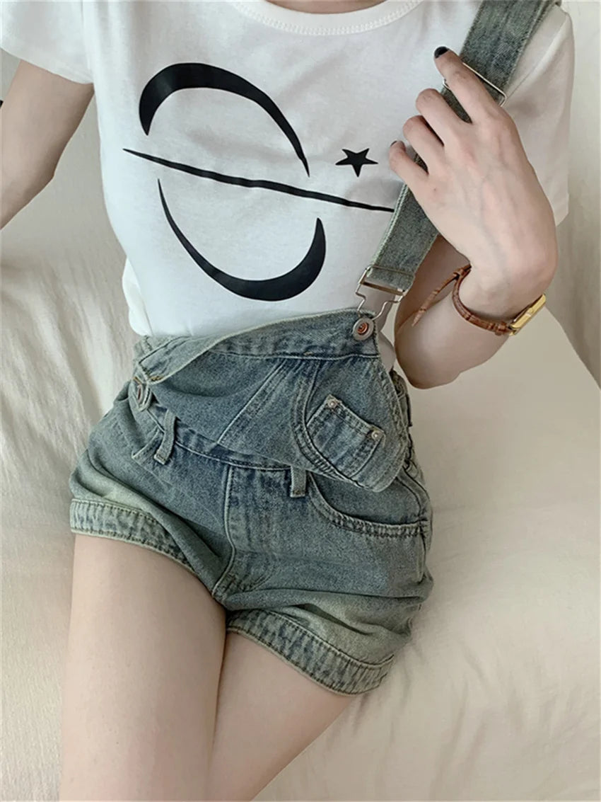 Koisoon OL Stylish New Overalls Shorts Denim Summer Loose Chic Wide Leg Vintage Office Lady Slim Jeanswear All Match