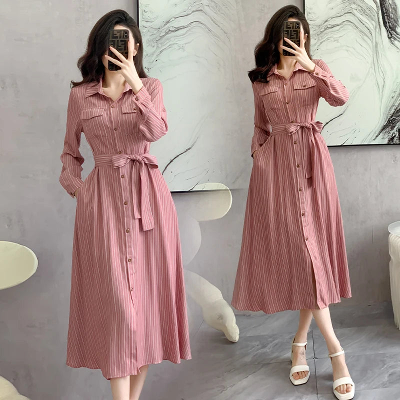 Koisoon Spring New Women Striped Long Sleeve Shirt Dress Fashion Lace Up Elegant Lady Turn-Down Collar Single Breasted Robe Dresses