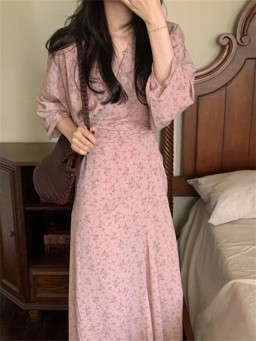 Koisoon Pink Florals Maxi Dress Spring Chic Full Sleeve Printed Sweet 2024 Slim New V-Neck Close Waist Office Lady Elegant