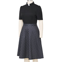 Koisoon Church Clergy Dress for Women Short Sleeve Polka Dot Patchwork A Line Elegant Dress with Tab Collar