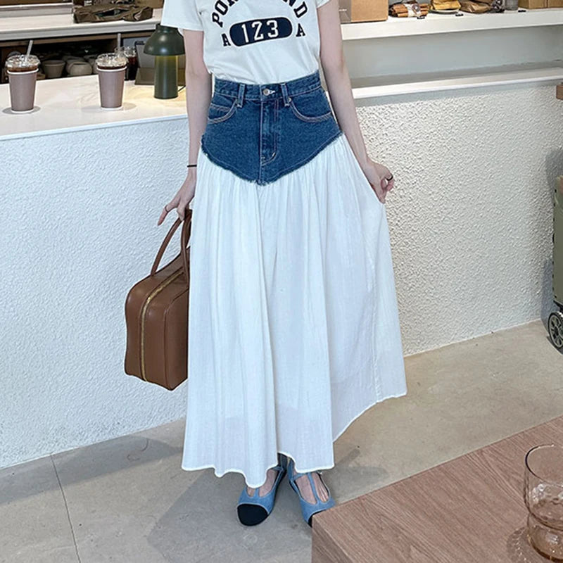 Koisoon Vintage High Waist Ladies Pockets White Long Patchwork A-line Jeans Skirts 2024 Summer Autumn Women Denim Midi Skirts