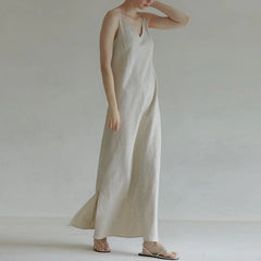 Koisoon 100% Linen Dresses Women Sexy V-Neck Side Slit Summer Elegant Party Solid Thin Dress Long Maxi Robe Women Clothing