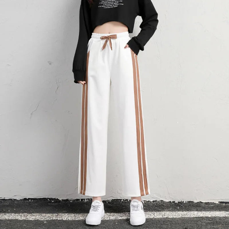 Koisoon Women Fashion Striped Pants Korean Casual Streetwear Loose Ankle Length Pants Summer All Match Female Slits Sweatpants