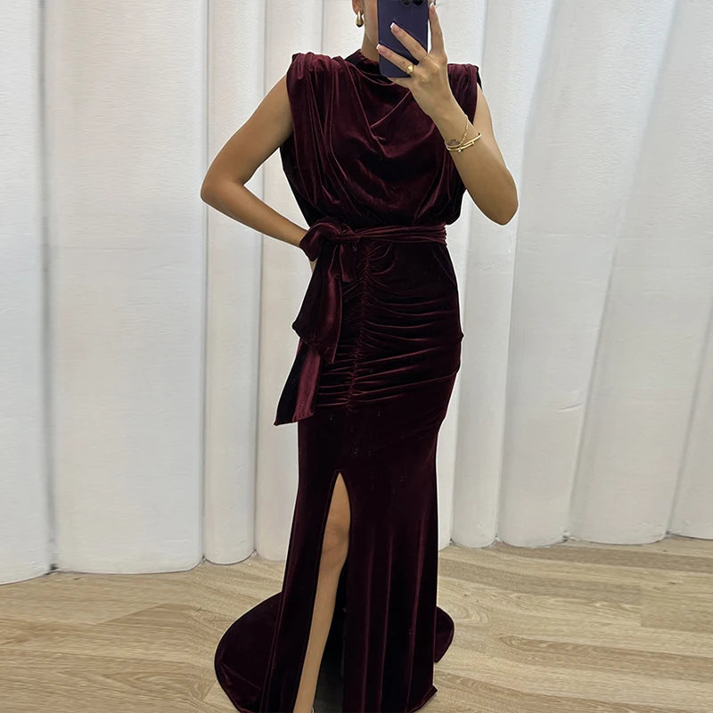 Koisoon Sexy O-neck Sleeveless Soft Velvet Party Dress Women Spring Solid Slim High Slit Draped Long Dress Summer Hollow Mermaid Dresses