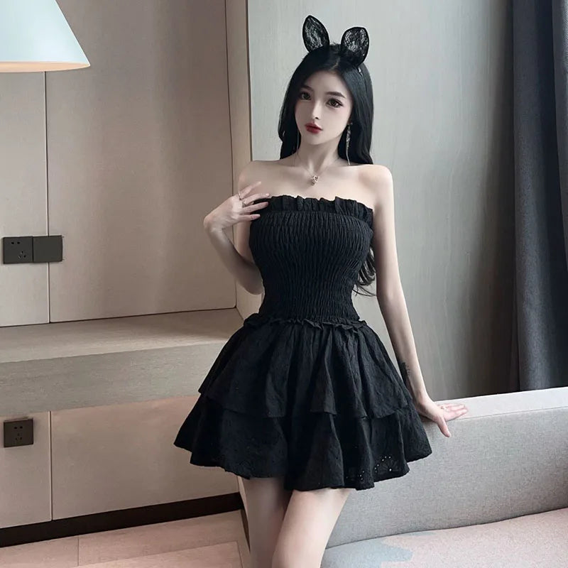 Koisoon Women White Mini Dress Korean Fashion Sexy Strapless Dresses Summer Casual High Waist Female Folds Ball Gown Dress